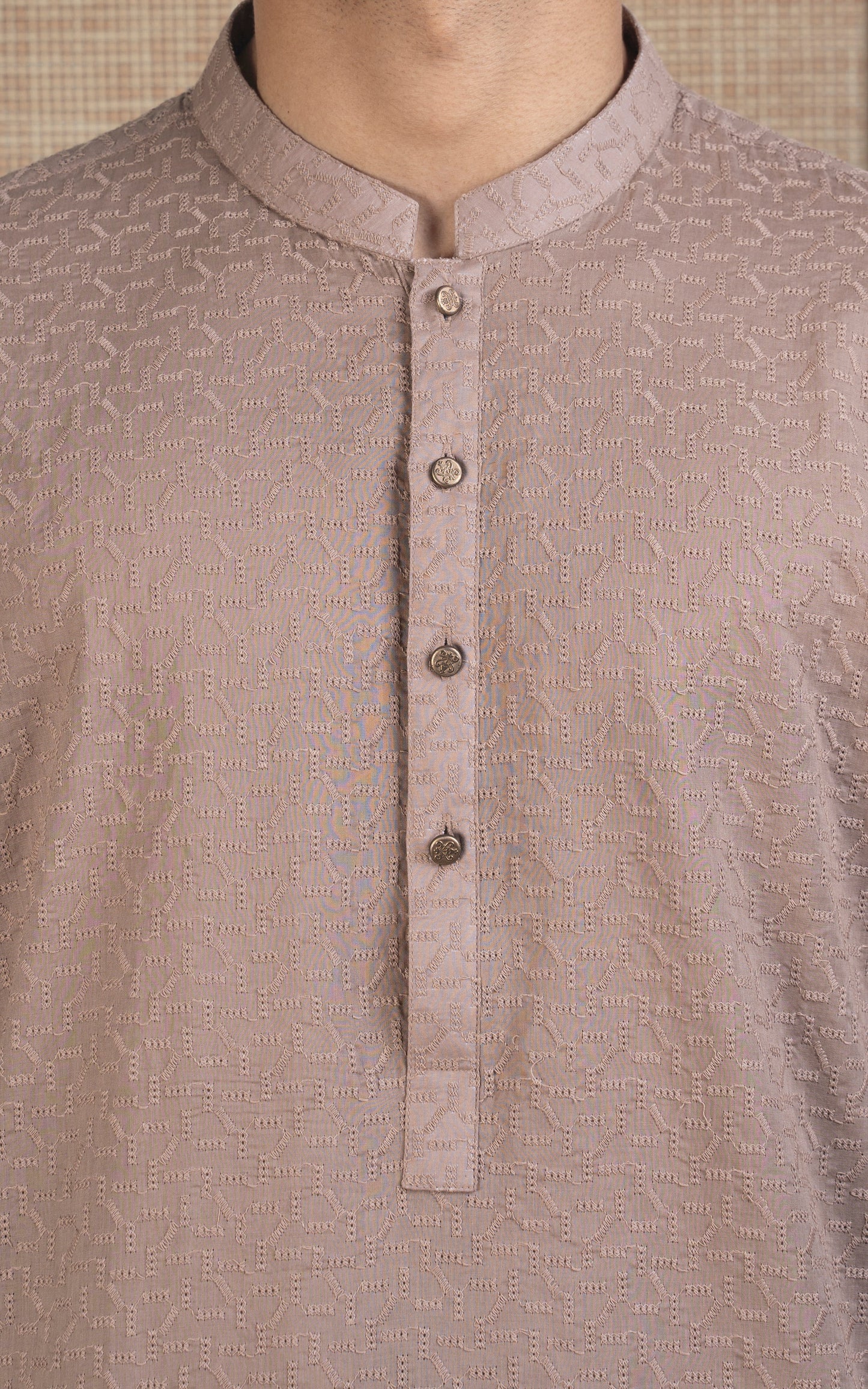 SCHIFFLI EMBROIDERED KURTA - SIGNATURE COLLECTION KHAKI
