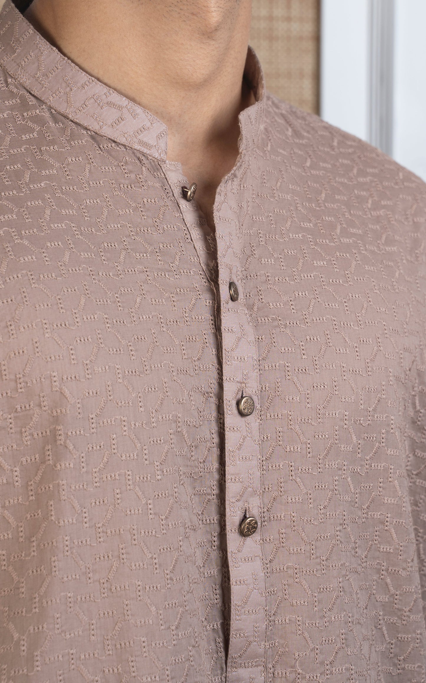 SCHIFFLI EMBROIDERED KURTA - SIGNATURE COLLECTION KHAKI