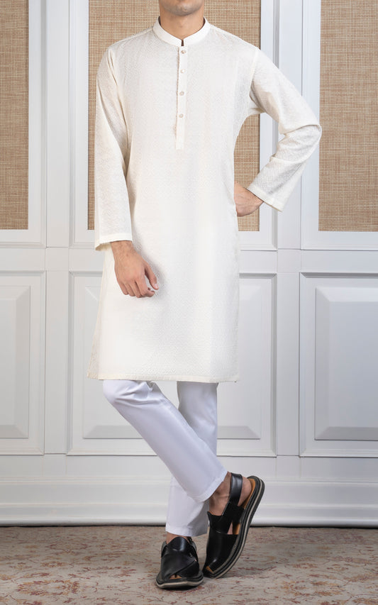 SCHIFFLI EMBROIDERED KURTA - SIGNATURE COLLECTION CREAM
