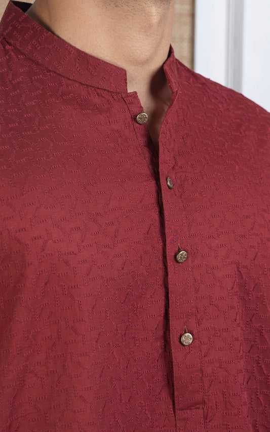 SCHIFFLI EMBROIDERED KURTA - SIGNATURE COLLECTION REDDISH MAROON