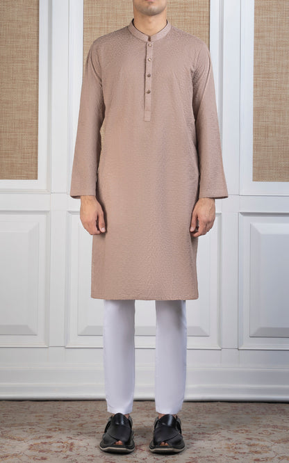 SCHIFFLI EMBROIDERED KURTA - SIGNATURE COLLECTION KHAKI