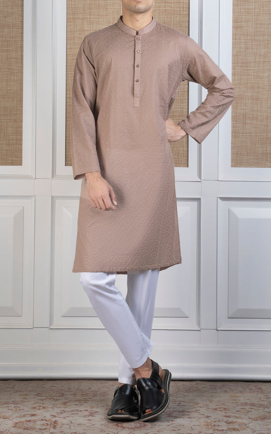 SCHIFFLI EMBROIDERED KURTA - SIGNATURE COLLECTION KHAKI