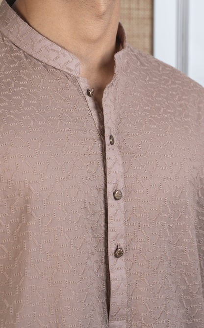 SCHIFFLI EMBROIDERED KURTA - SIGNATURE COLLECTION KHAKI