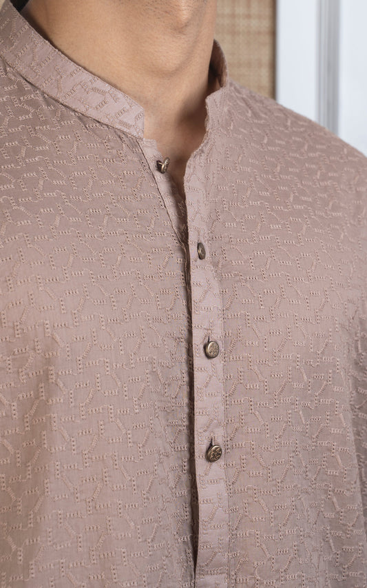SCHIFFLI EMBROIDERED KURTA - SIGNATURE COLLECTION KHAKI