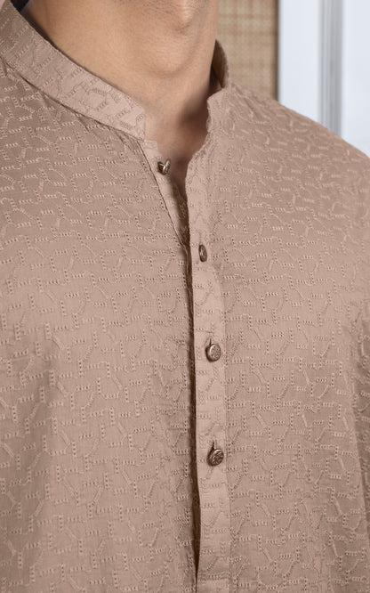 SCHIFFLI EMBROIDERED KURTA - SIGNATURE COLLECTION LIGHT KHAKI
